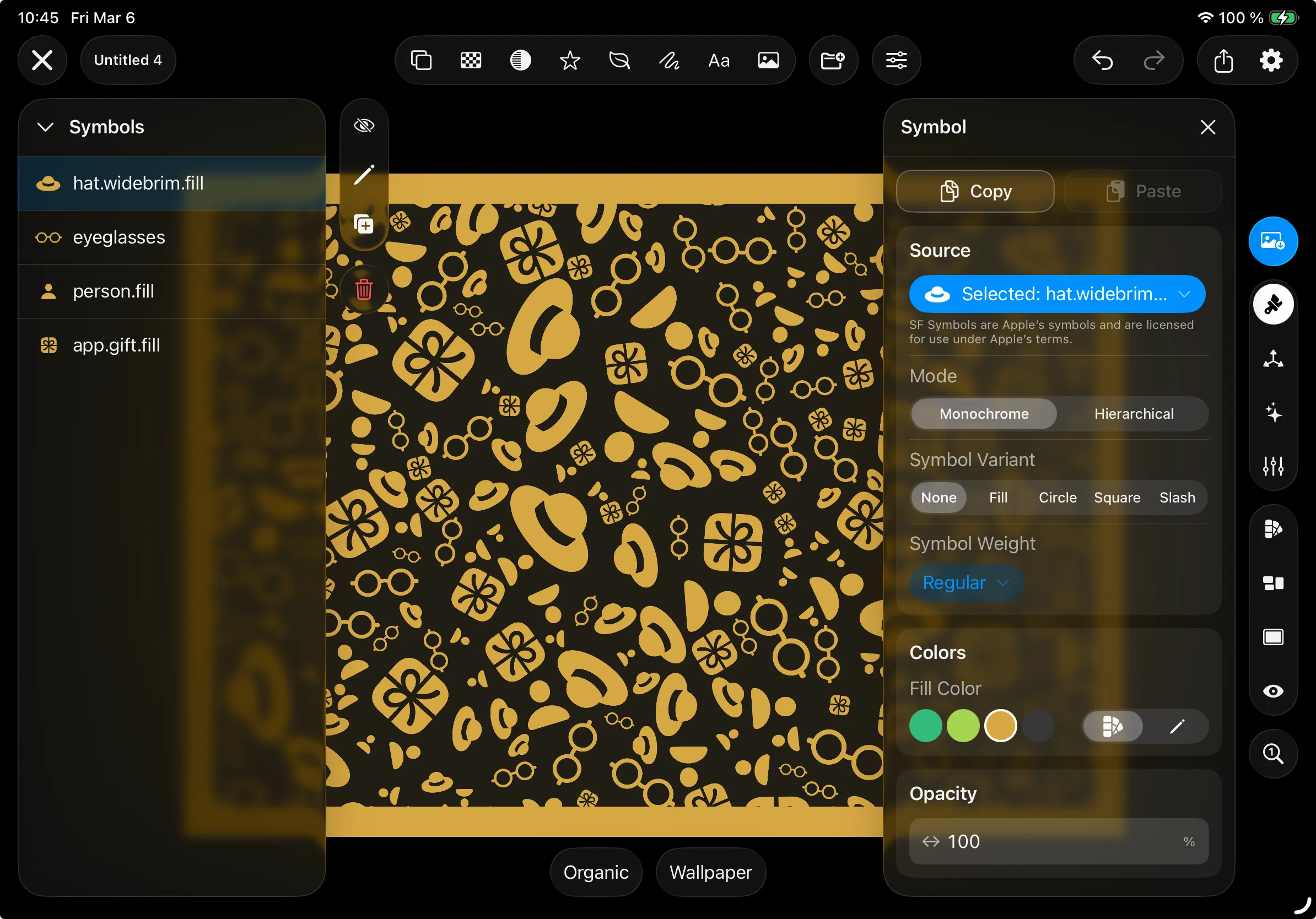 Tessera editor showing a wallpaper stage with the symbol inspector and symbol source controls.