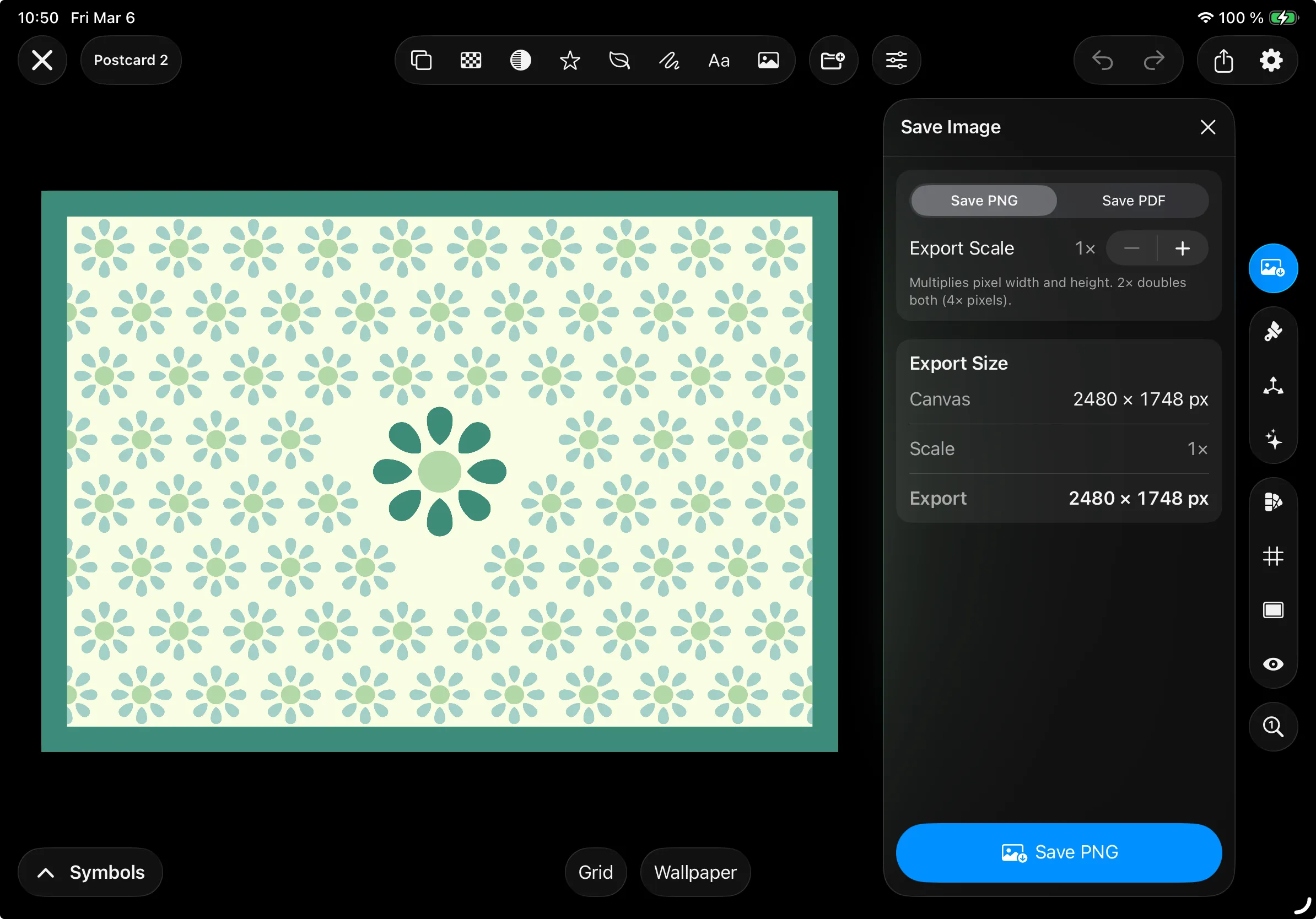 Tessera export sheet showing PNG and PDF export controls next to the live canvas preview.