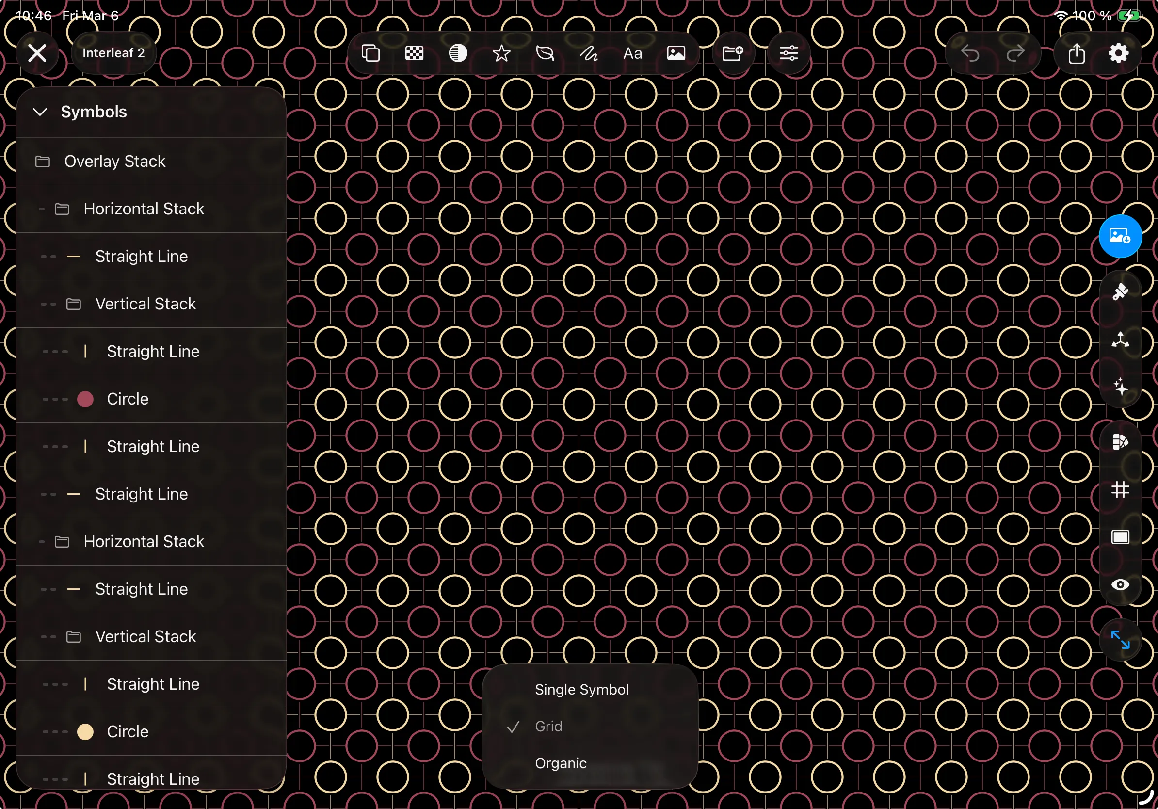 Tessera editor showing grouped symbols with the symbol hierarchy open over a repeating pattern.