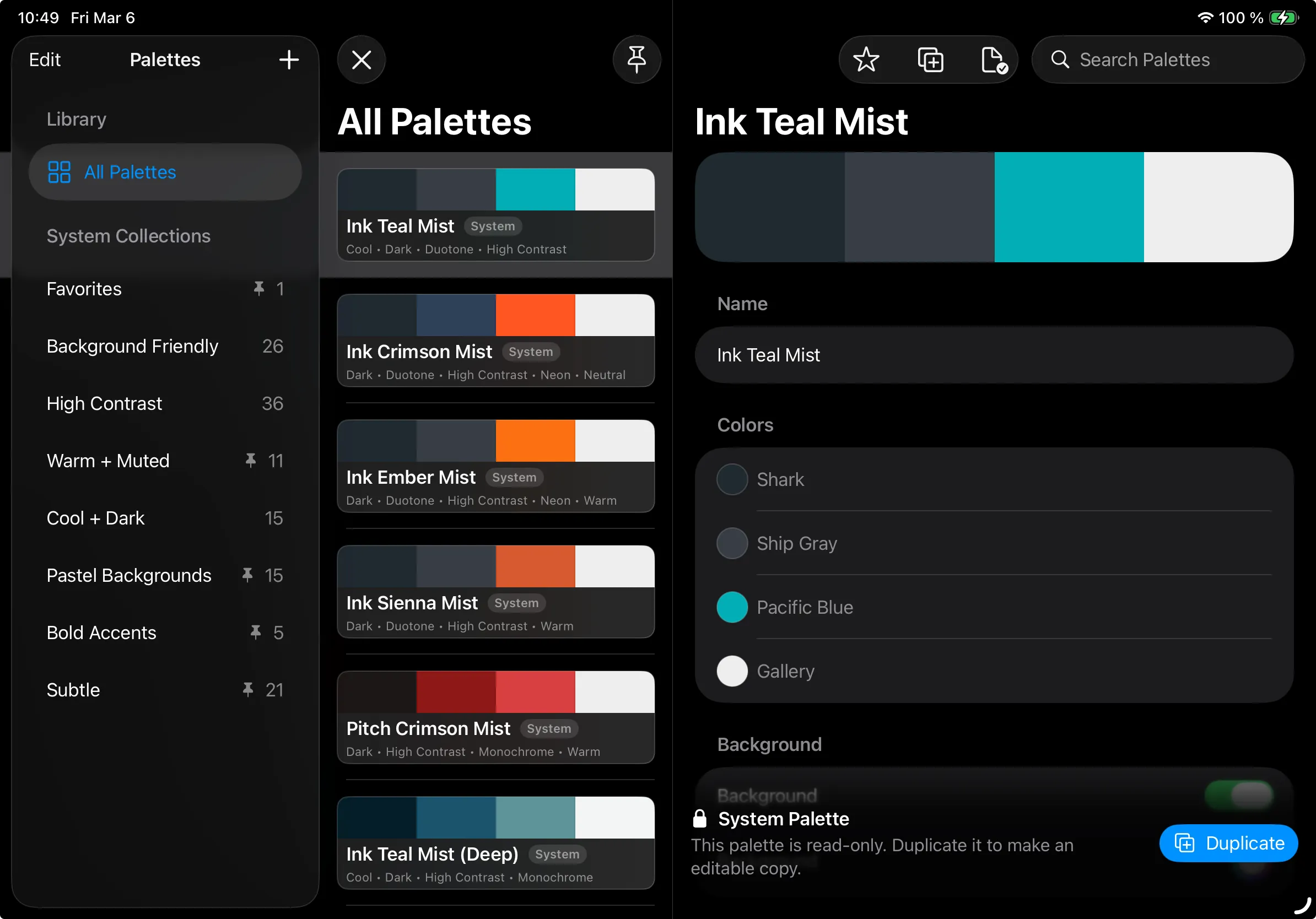 Tessera palette browser and palette detail view showing a saved four-color palette.