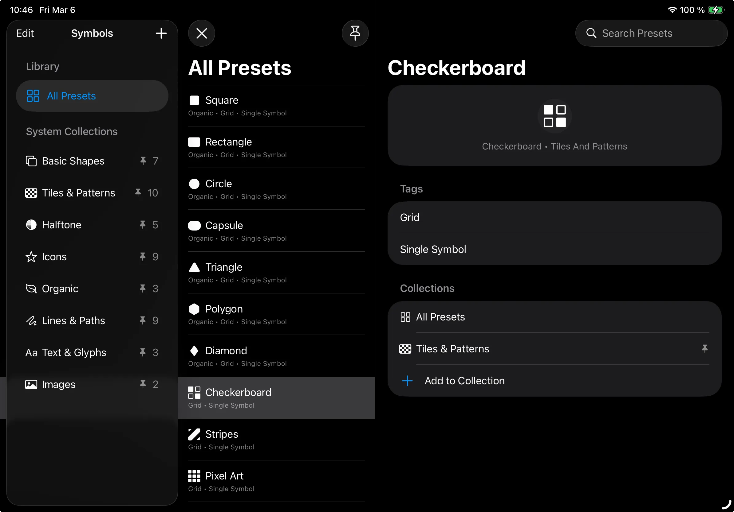 Tessera preset library showing built-in symbol categories and a selected preset.