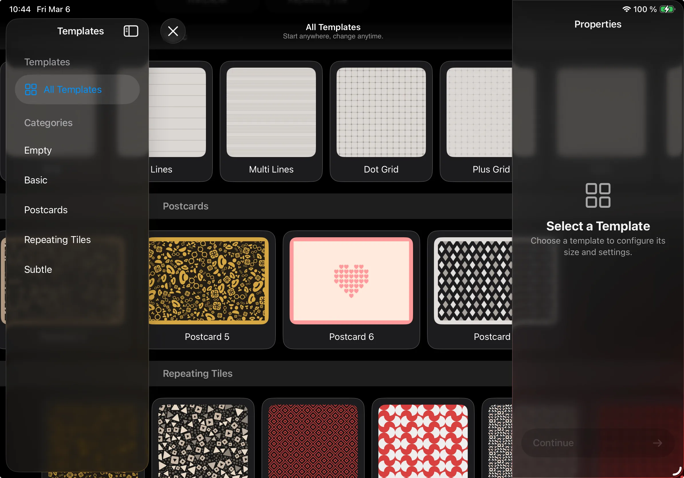 Tessera template browser with postcard templates visible in the gallery.