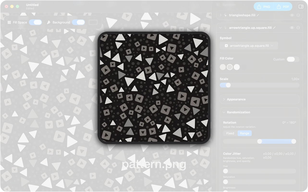 Export dialog showing PNG and PDF options