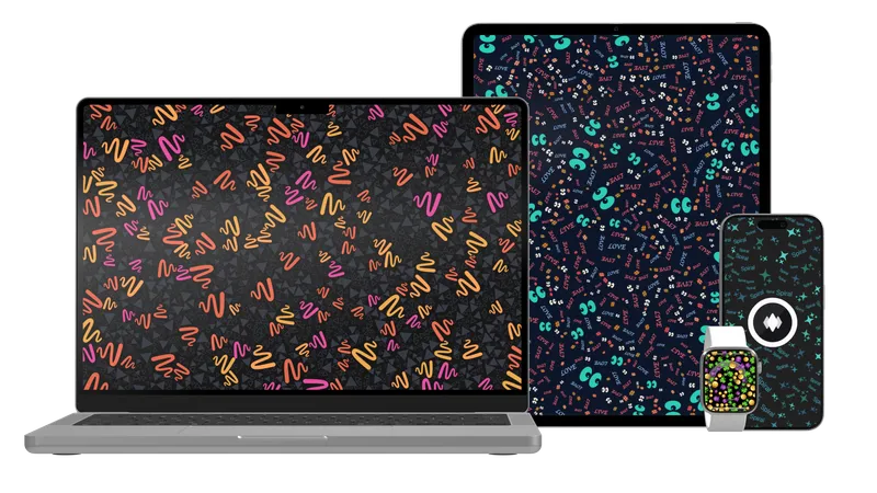 A family of Apple devices with various background patterns as background